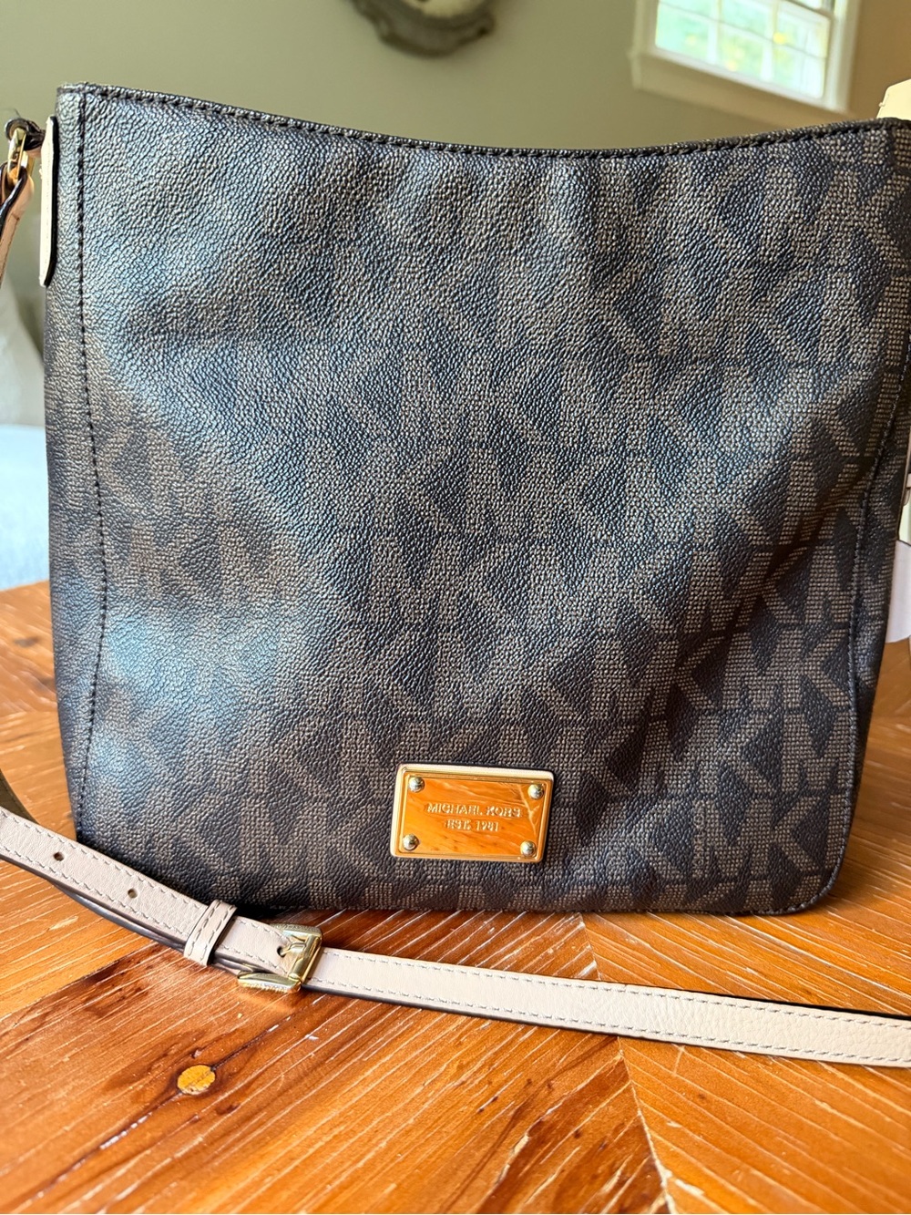 Michael Kors Brown Logo-Print Crossbody with Beige Strap